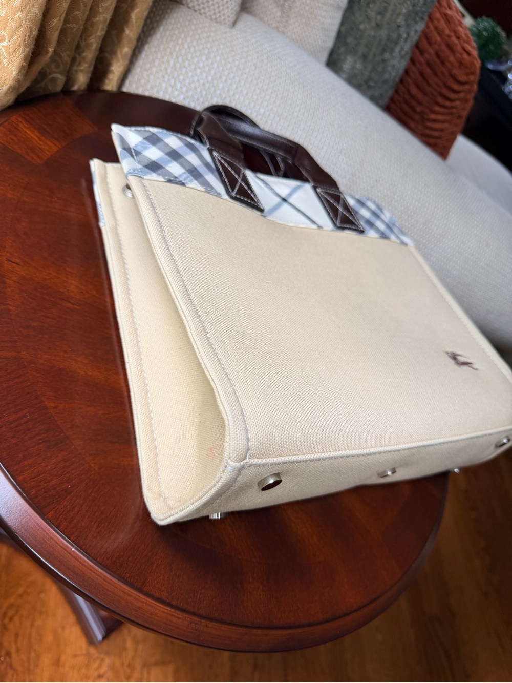 Burberry Blue Label Beige Canvas Nova Check Leather Handle Tote Bag - Picture 3 of 9